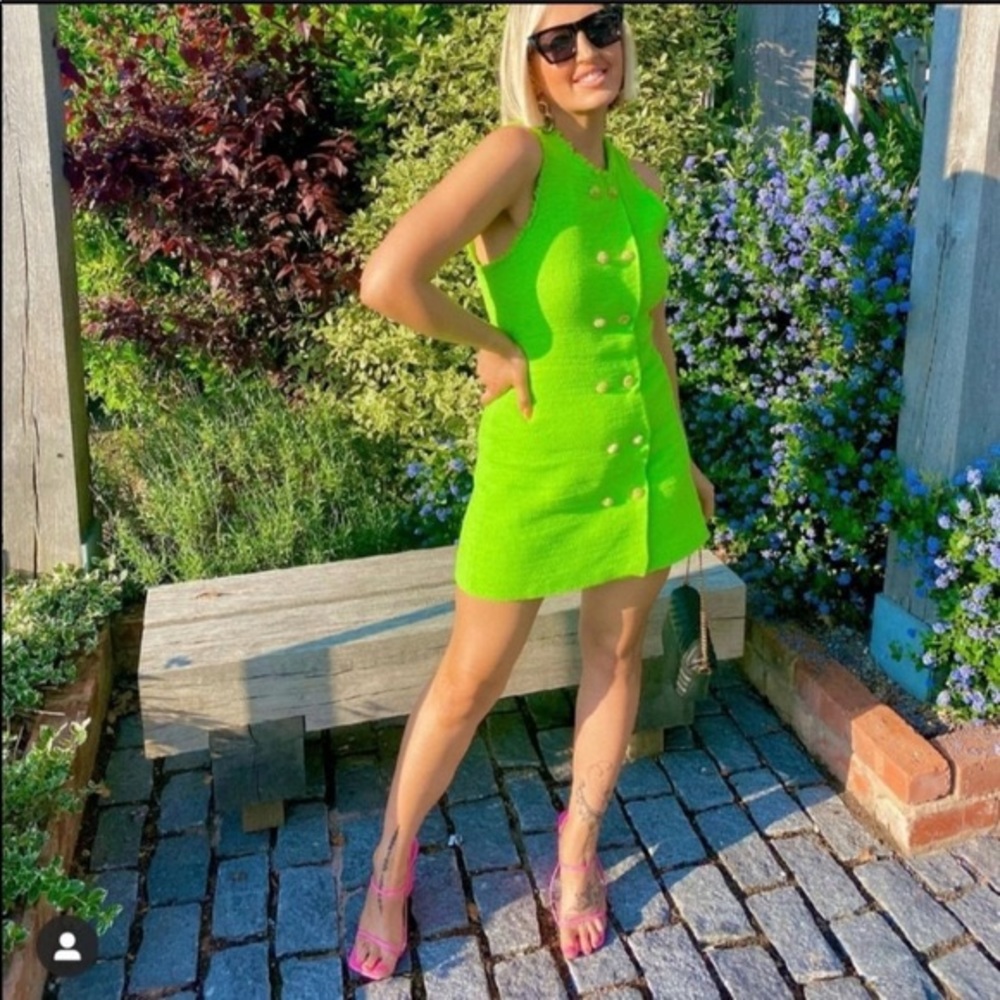 ZARA TEXTURED DRESS NEON GREEN BUTTONS XS Bloggers - Picture 11 of 16